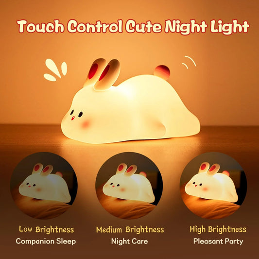Adorable Touch Sensor LED Night Light - Big Face Rabbit Silicone Lamp for Kids - Perfect Christmas Gift and Home Decor
