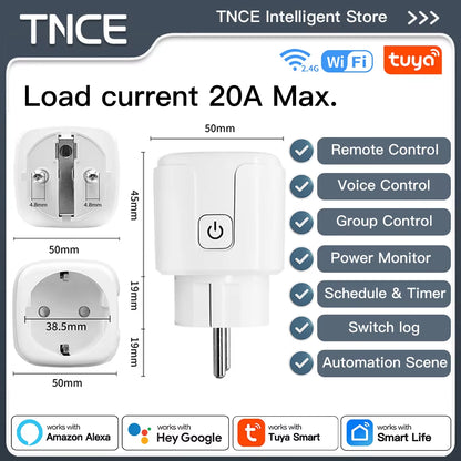 TUYA Smart Plug Wifi or Zigbee3.0 Socket EU 16A/20A Power Monitor Timing Function Voice Control Work with Alexa Google Home